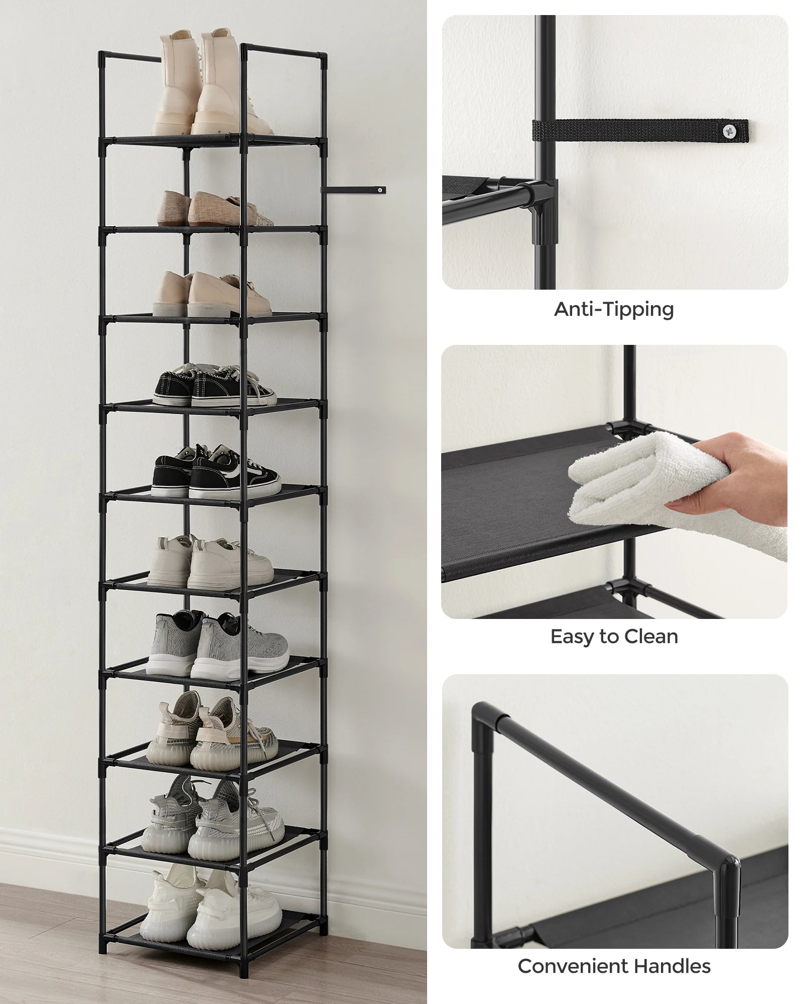 SONGMICS 10-Tier Shoe Rack, Shoe Stand, Space-Saving Shoe Storage, 33 x 33 x 173 cm, Metal Frame, Non-Woven Fabric Shelves