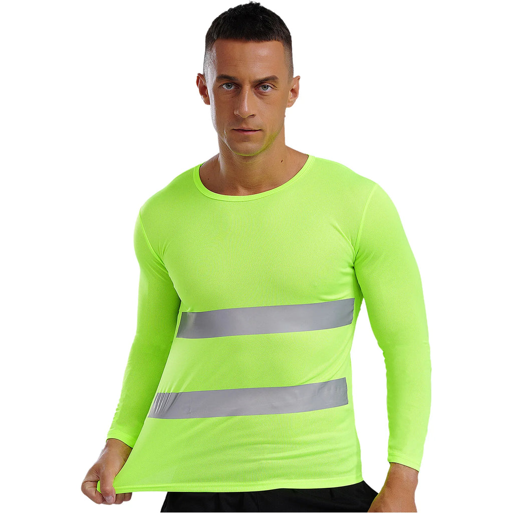 Mens T-shirt Moisture-Wicking Long Sleeves Reflective Safety Top for Volunteer Activities Social Service Cycling Workout Running