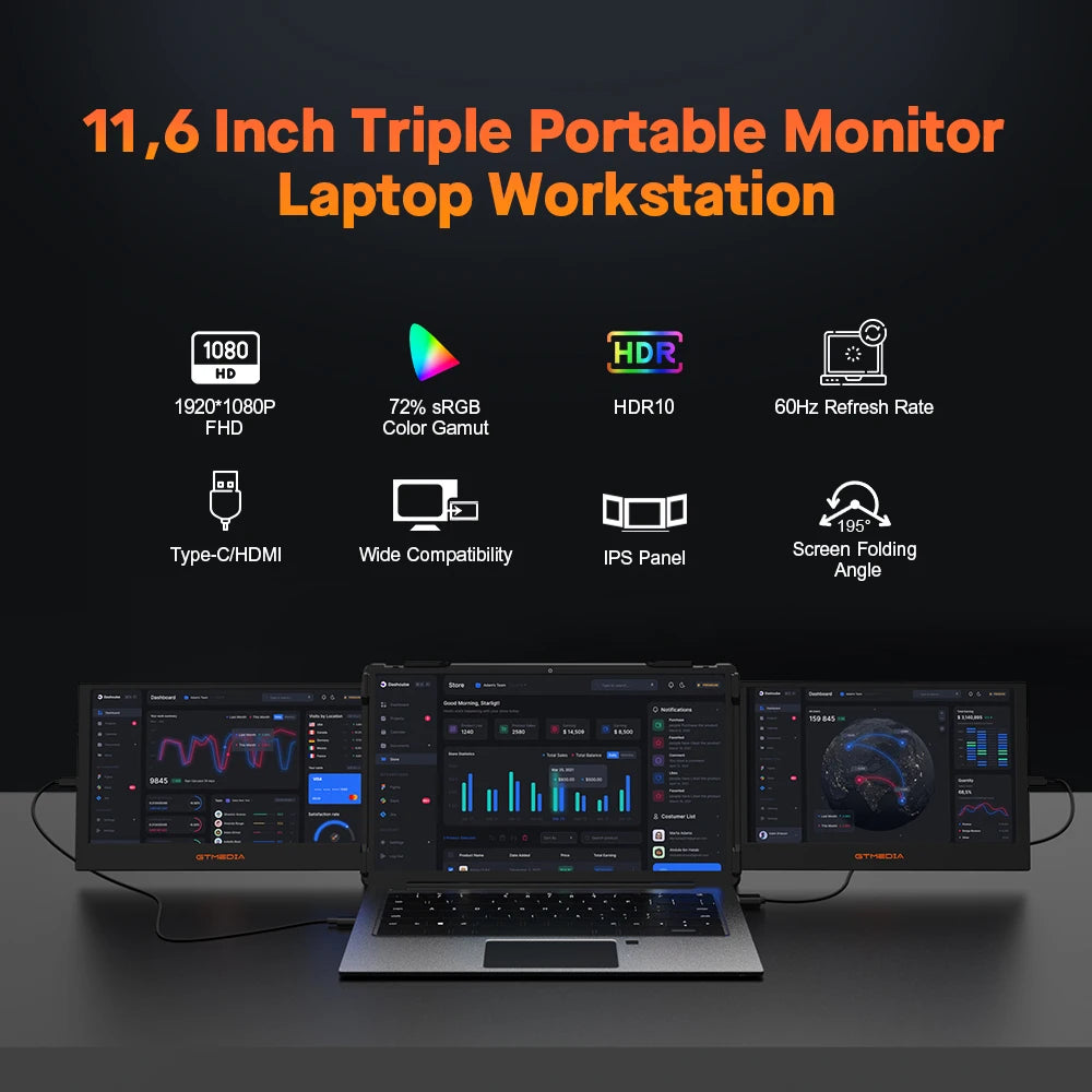 GTMEDIA MATE X 11.6 Inch Portable Monitor 1920*1080 IPS HD Triple Dual Extender Screen Full View Fold For 13.0-17.3 Inch Laptops
