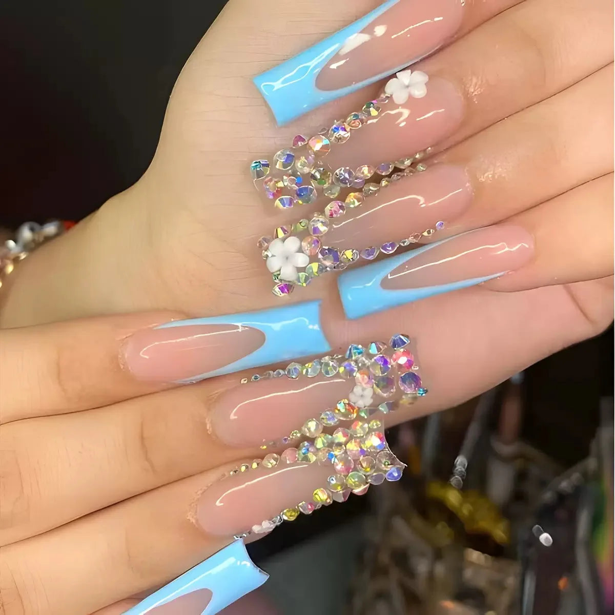 24Pcs Gold French Border False Nails Long Coffin False Nails with Rhinestones Ballerina Full Cover Nail Tips Press on Nails 2030