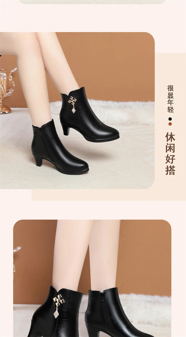 Women High Heels Soft Leather Ankle Boots Autumn Winter Platform Plush Boots Brand Fashion Point Toe Middle Heel Cotton Shoes