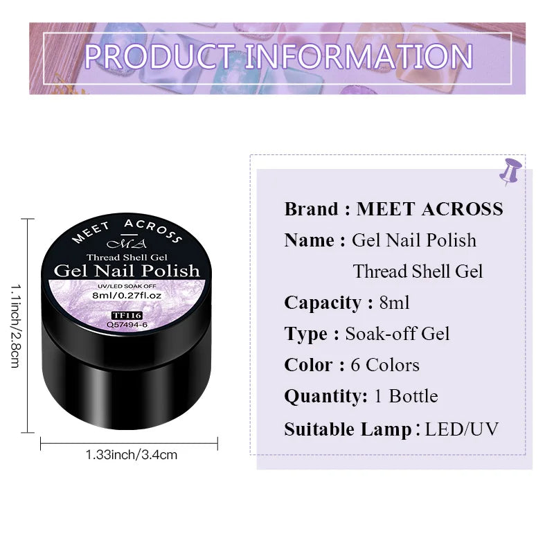 MEET ACROSS 8ml Pearl Shell Thread Gel Nail Polish 3D Semi Permanent Soak Off UV Gel Nail Art Varnish For Nails Manicure DIY