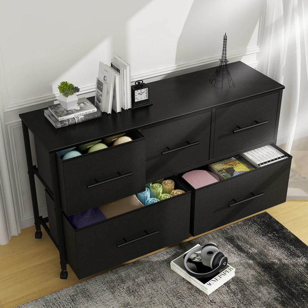 Chest of Drawer Dresser for Bedroom with 5 Fabric Drawers TV Stand with 4 Castors Storage Organizer Unit for Living Room