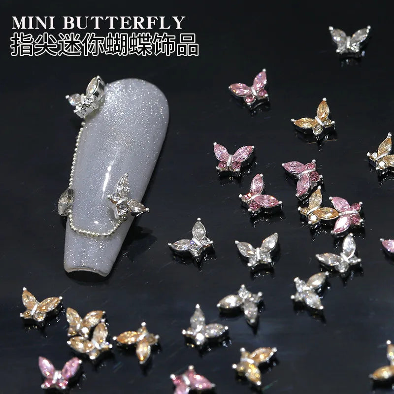 10PCS 3D Mini Crystal Butterfly Nail Art Charms Jewelry Parts Accessories Luxury Alloy Nails Decoration Rhinestones Supplies