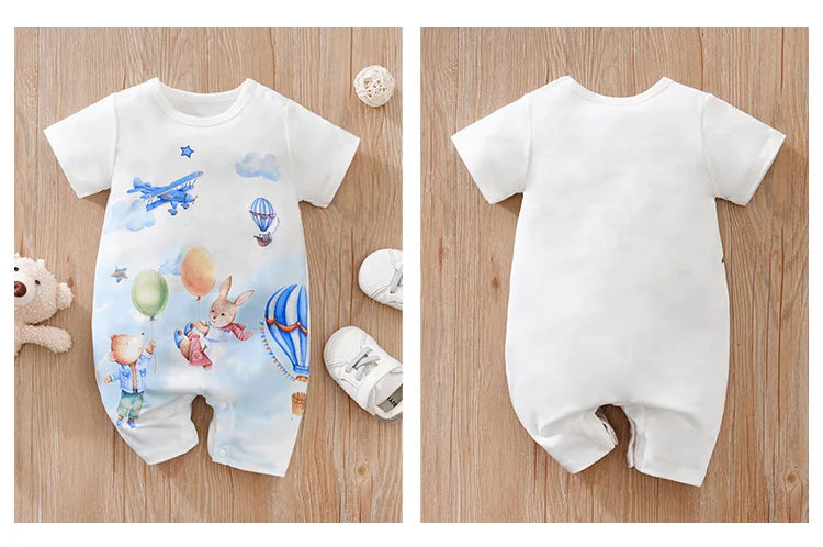 Baby Summer Animal Print Bodysuit – Short Sleeve Cute Cartoon Onesie for Boys & Girls