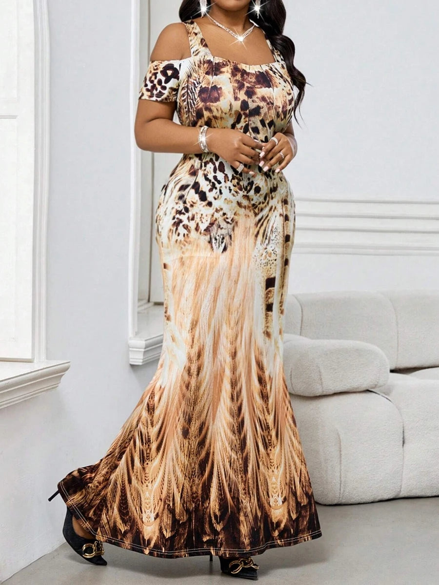 Plus Size Women's Dress Cold Shoulder Leopard Feather Print Fitted Dress Sexy Dress Spring Summer Chic Dress Party Light Dress