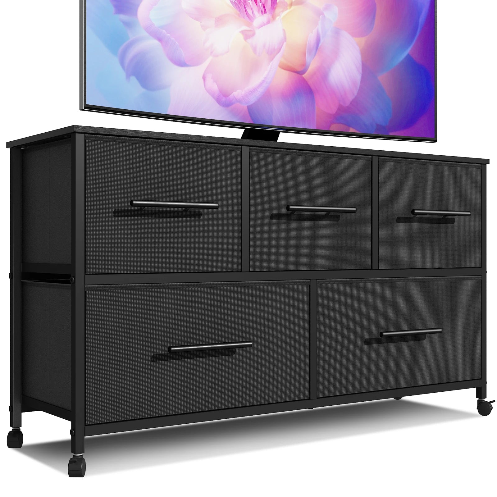 Chest of Drawer Dresser for Bedroom with 5 Fabric Drawers TV Stand with 4 Castors Storage Organizer Unit for Living Room