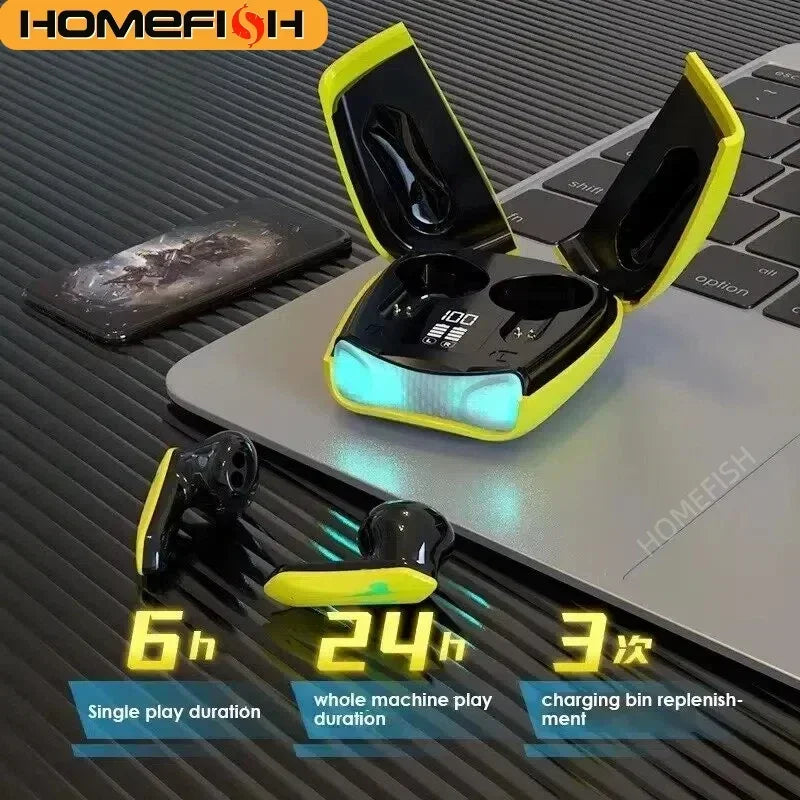 HOMEFISH  Wireless Earbuds BT 5.2 Low Latency, Waterproof with Cool LED Lights, 5H Playtime for E-Sports & Music