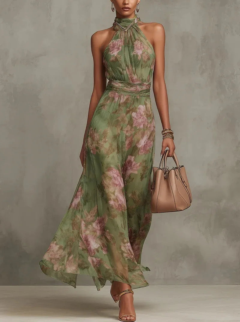 Elegant Ruched Mesh Maxi Dress – Printed Split Cami Style