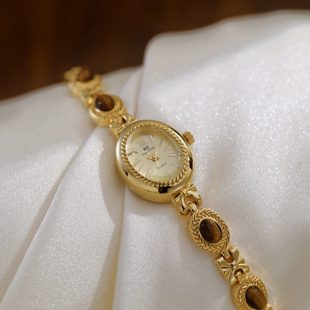 Women's Watch Natural Jade Bracelet Vintage Small Oval Dial Gold Retro Watches Luxury Brand Women Quartz Wristwatches Clock Gift
