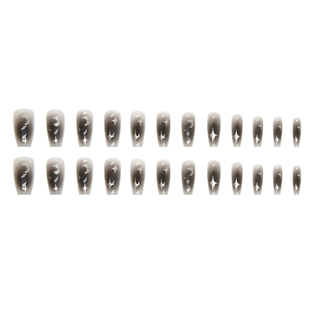 24pcs Y2k Star Press On Nails Gradient Black Mid-length Coffin False Nail Tips Full Cover Moon Designs Fake Nail For Cool Girls