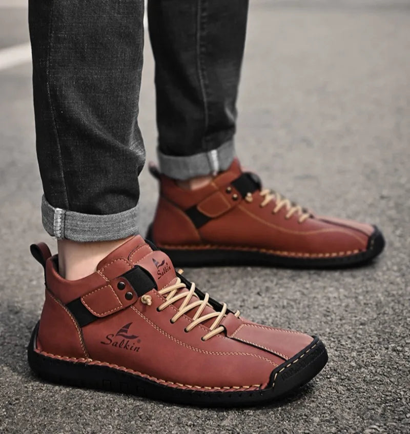 Winter New Men's Low-top Ankle Boots High Quality Hand-stitched Hook&loop Leather Casual Sneakers Classic Man Shoes Plus Size 48