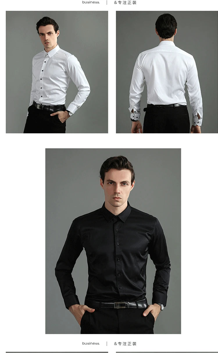 Plus Size 7XL 6XL High Elasticity Seamless Spandex Shirt Men Long Sleeve Slim Fit Casual Solid Color Social Formal Dress Shirts