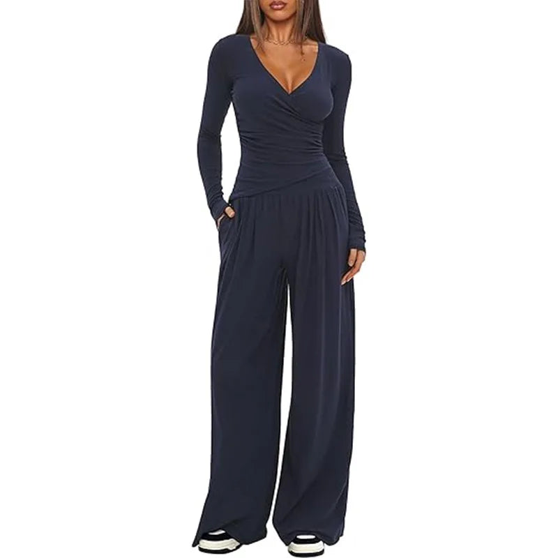 2025 autumn and winter wide leg pants set, women's long sleeved multi occasion sportswear, commuting hot selling item