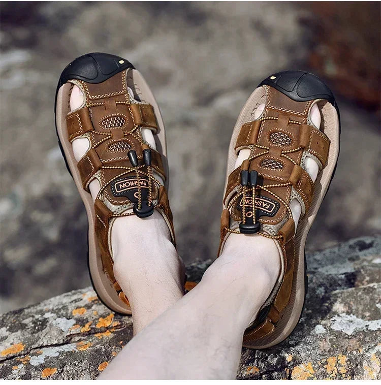 Summer Sandals Leather Outdoor Men Beach Shoes Luxury Breathable Casual Sandal Man Wading Shoes Non-slip Wide lining Slippers