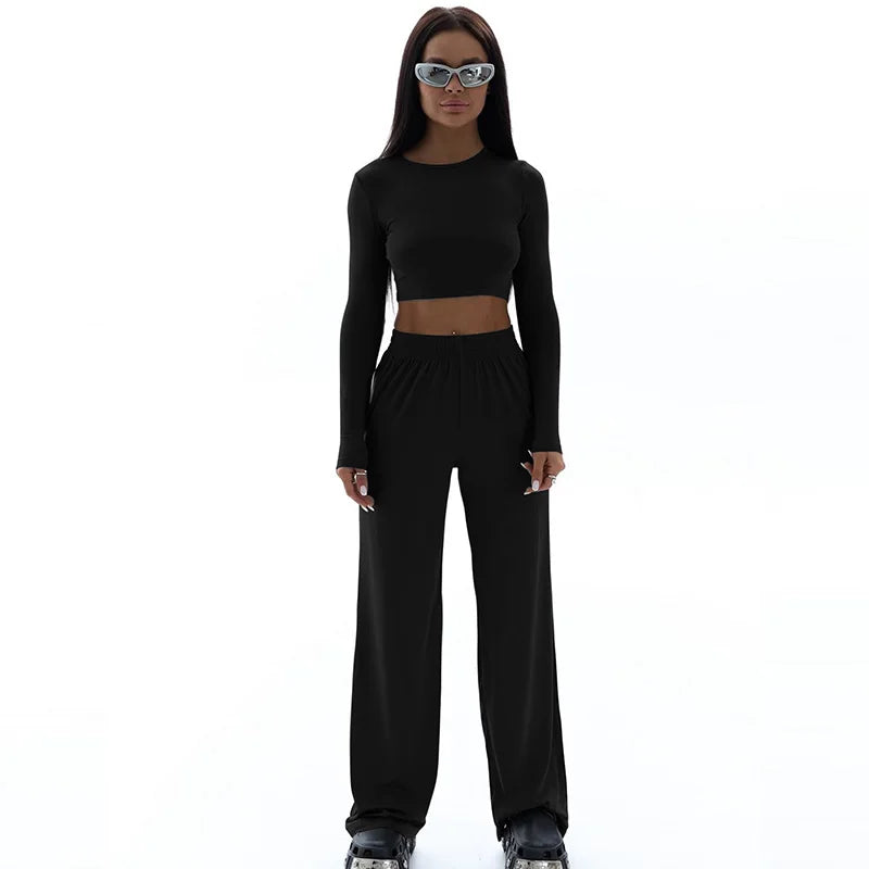 Spring New Women's T-shirt Loose Pants 2 Piece Long Sleeves O-Neck Tees Casual Slim Fashion Trouser Solid Basic Female Clothing