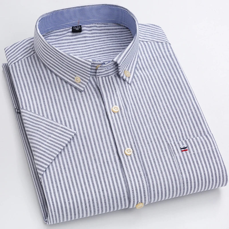 2026 100% Pure Cotton Men's Oxford Short Sleeve Square Collar Soild Plaid Striped Summer Casual Shirts Single Pocket  Shirt