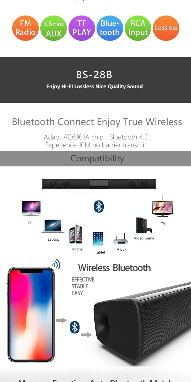 Portable Super Powerful Sound Bar Wireless Bluetooth Speaker Surround Stereo Home TV Sound Box Subwoofer FM Radio Caixa De Som