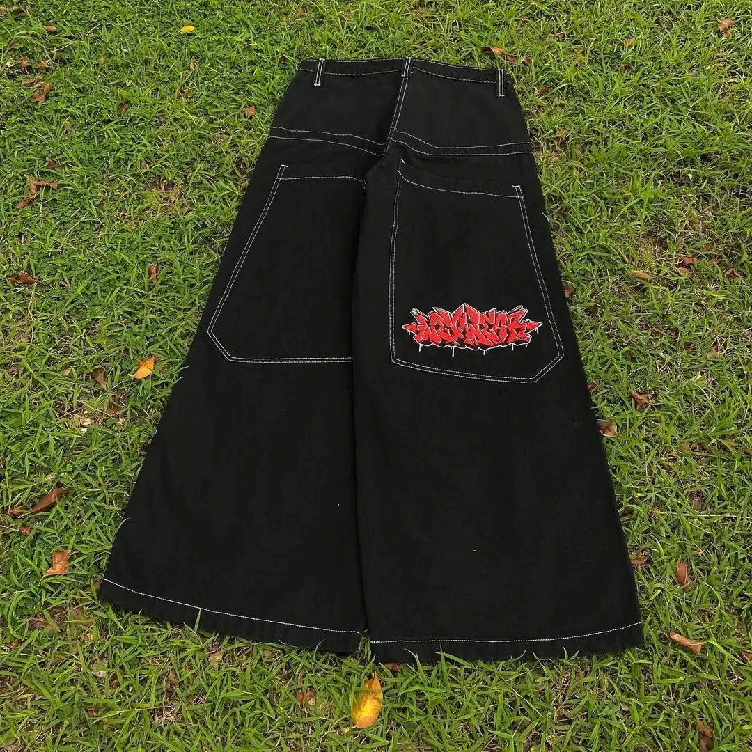 Men Women Cherry Blossom Knight All Embroidery Denim Pants Y2k Vintage Baggy Street Straight Jeans High Waisted Washed Blue Jean