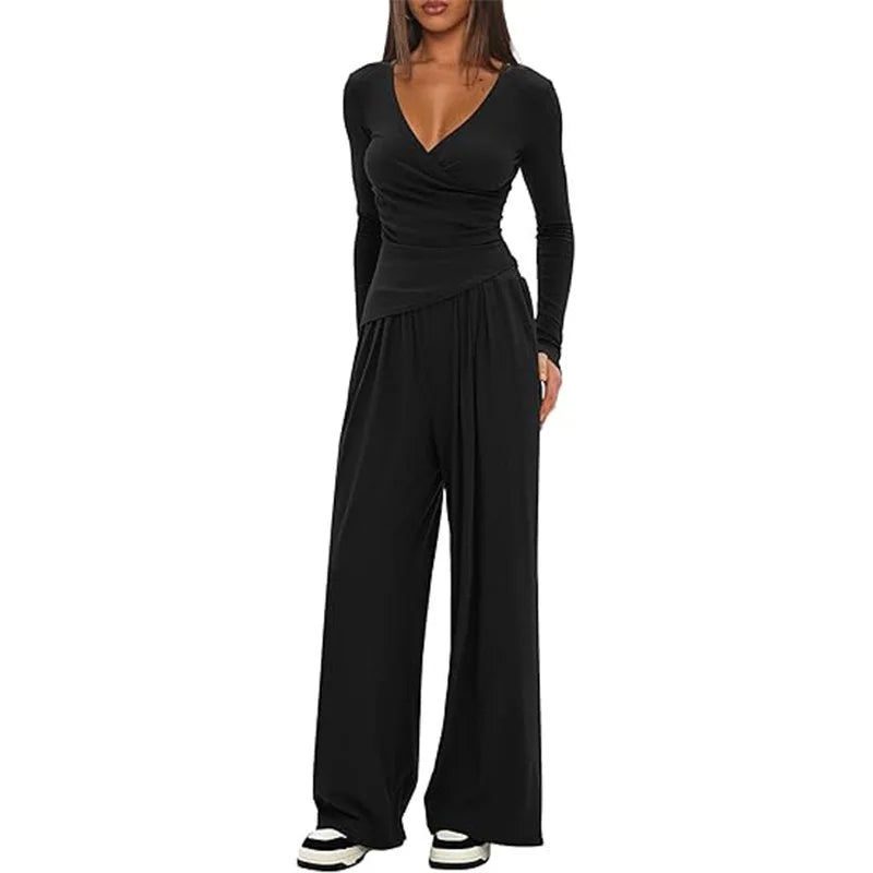 2025 autumn and winter wide leg pants set, women's long sleeved multi occasion sportswear, commuting hot selling item