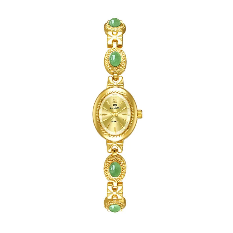 Women's Watch Natural Jade Bracelet Vintage Small Oval Dial Gold Retro Watches Luxury Brand Women Quartz Wristwatches Clock Gift