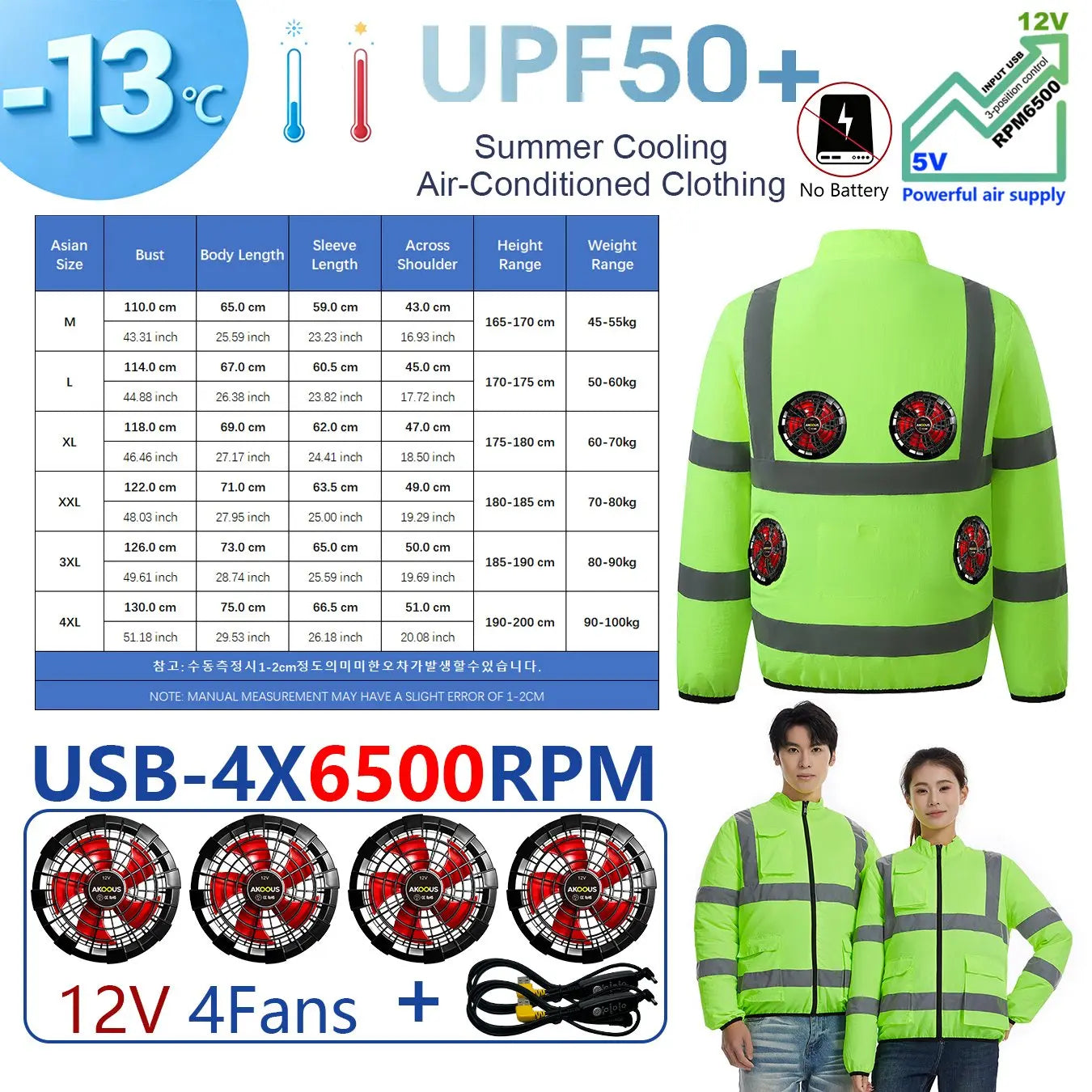 AKOOUS 6500 RPM 12V/5V USB 3-Fans Cooling Vest Air Conditioned Clothes Men Women Outdoor Work Fishing Body Cooling Jacket
