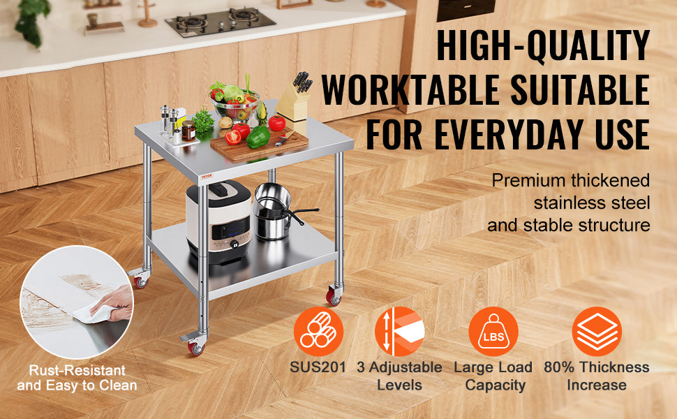 SucceBuy 36 x 30 inch Stainless Steel Work Table with 4 Wheels Heavy Duty Food Prep Worktable for Commercial Kitchen Restaurant